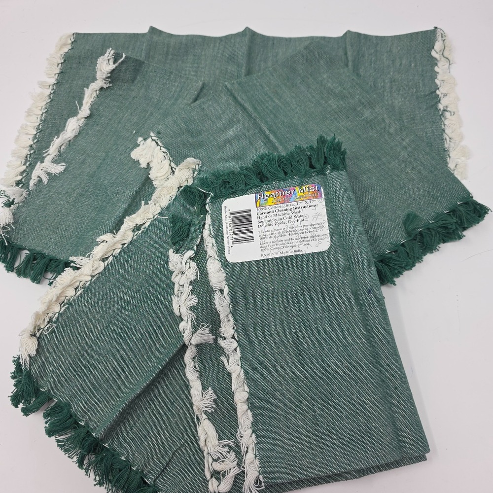 Set Of 4 Heather Mist Table Napkin 17"x17" Green Cotton Fringe Decorative NWT